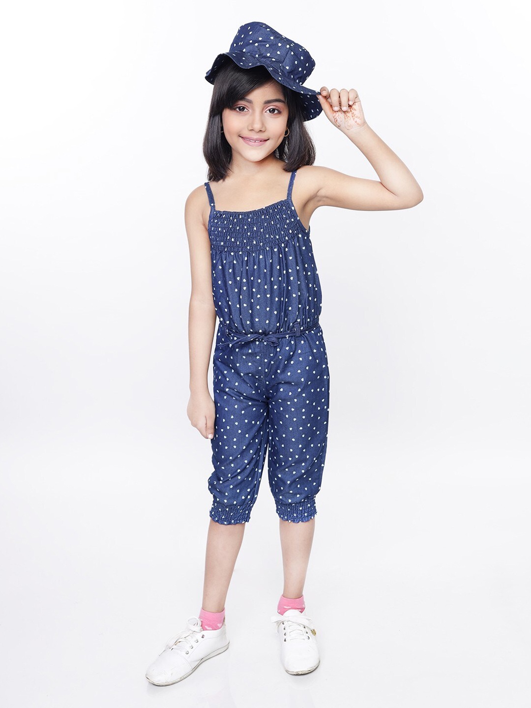 

Toonyport Girls Blue & White Printed Cotton Capri Jumpsuit