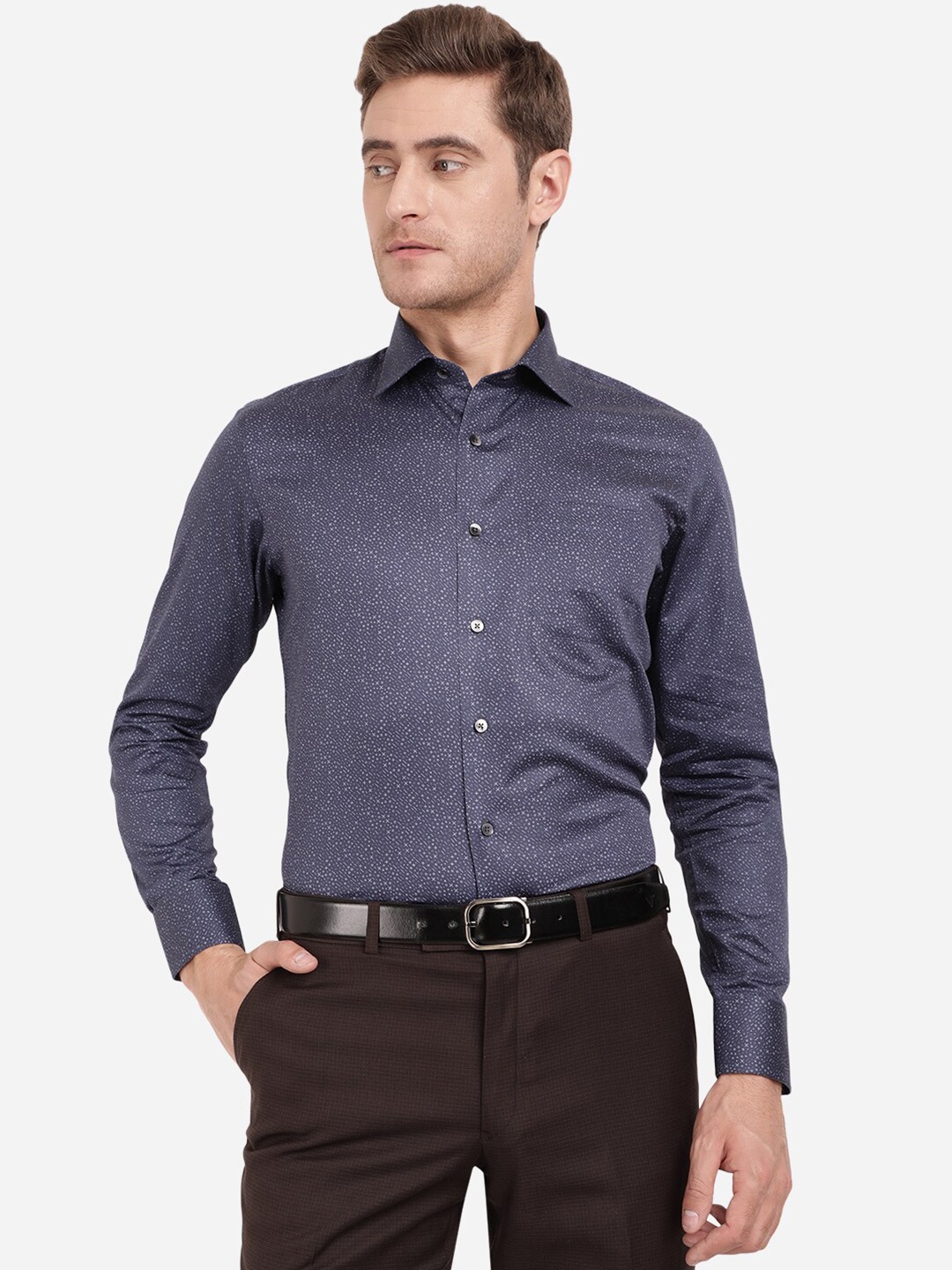 

METAL Men Blue Slim Fit Printed Pure Cotton Formal Shirt