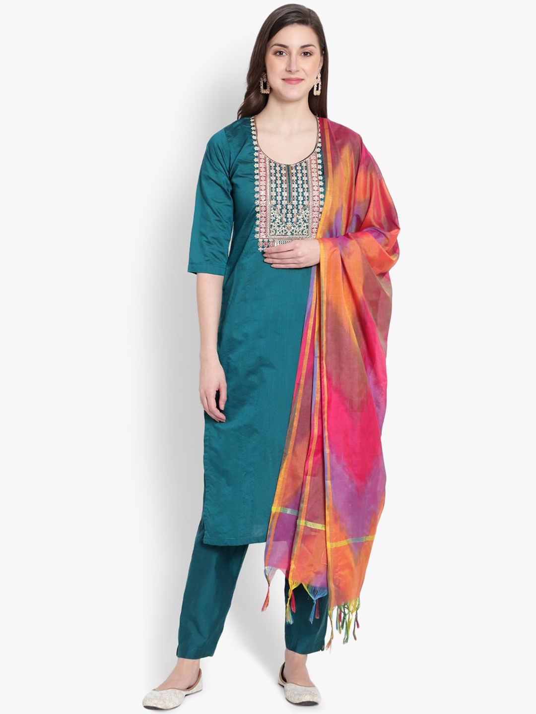 

heemara Women Turquoise Blue Ethnic Motifs Embroidered Kurta Set With Dupatta
