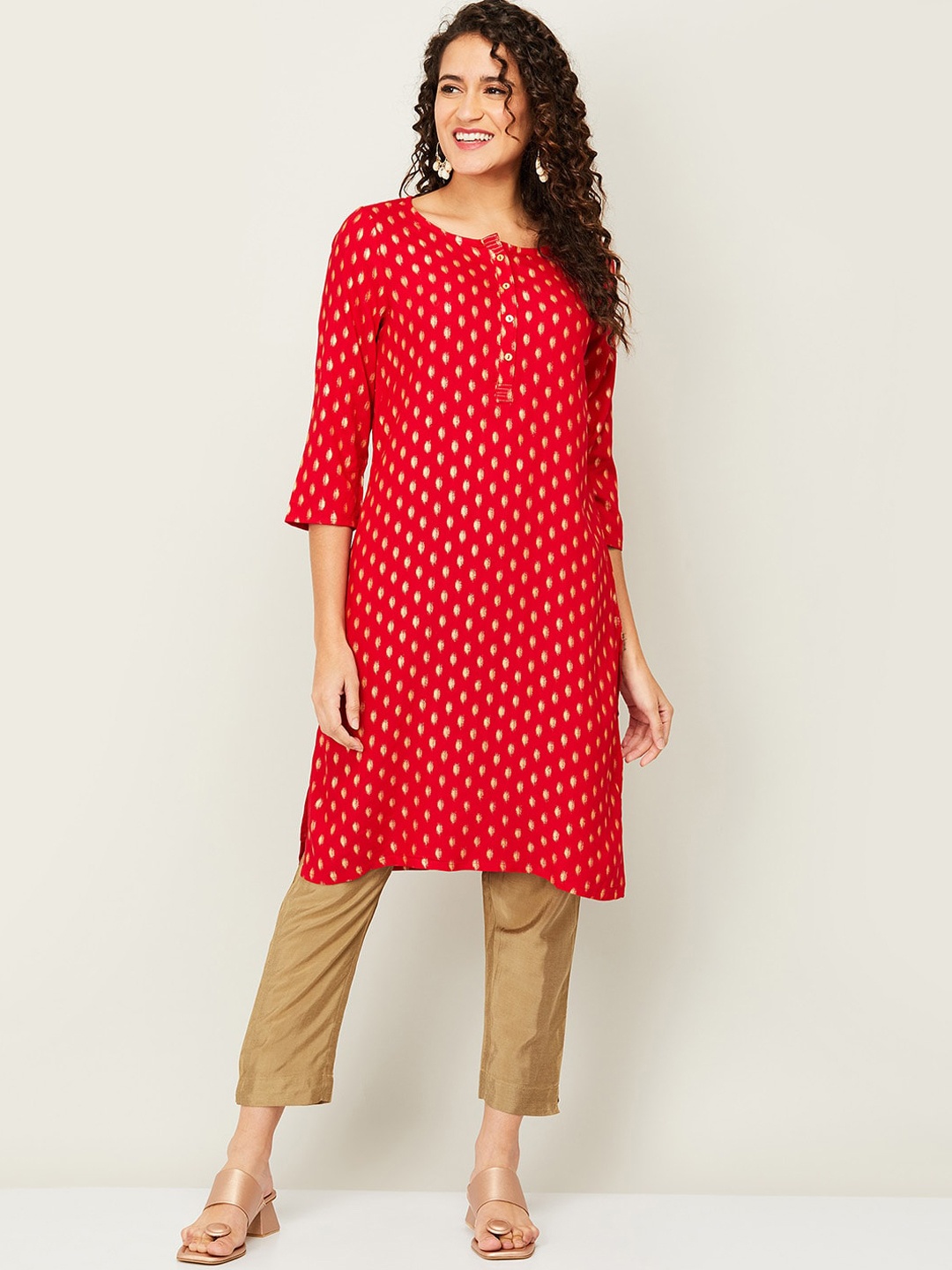 

Melange by Lifestyle Women Red & Golden Ethnic Motifs Printed Kurta