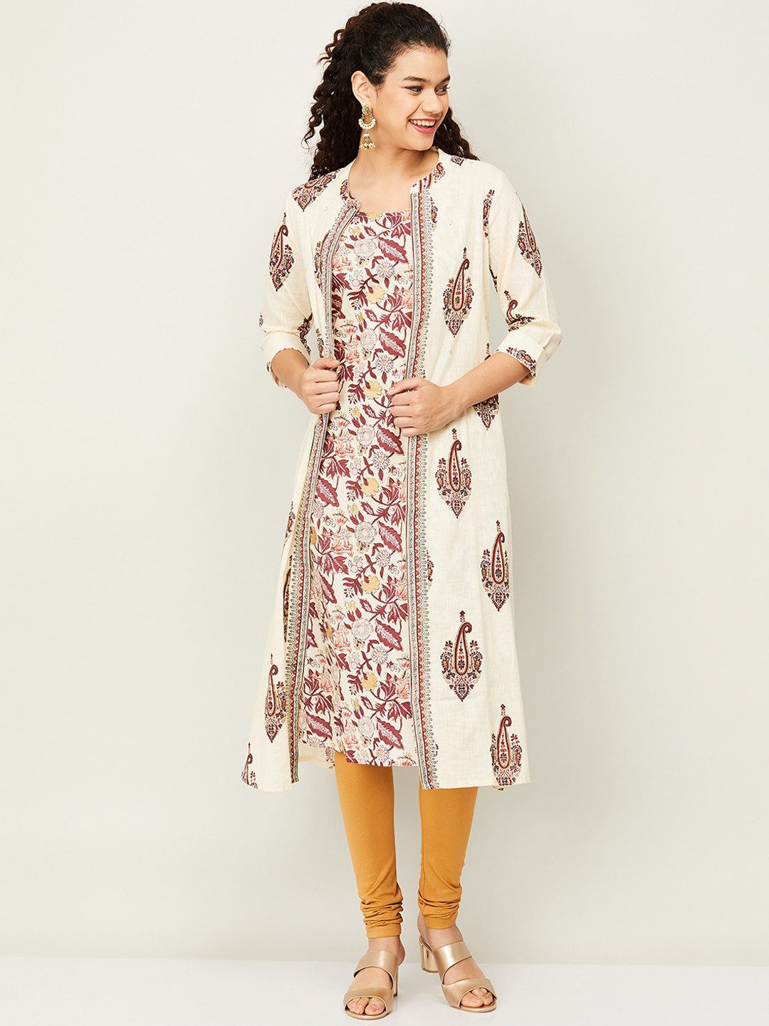 

Melange by Lifestyle Women Off White & Maroon Ethnic Motifs Printed Kurta