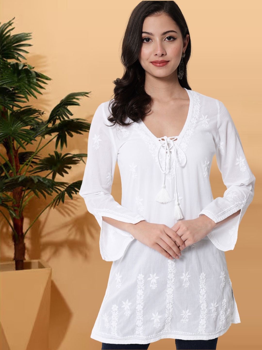 

PARAMOUNT CHIKAN Women White Chikankari Embroidered Cotton Sheer Tunic