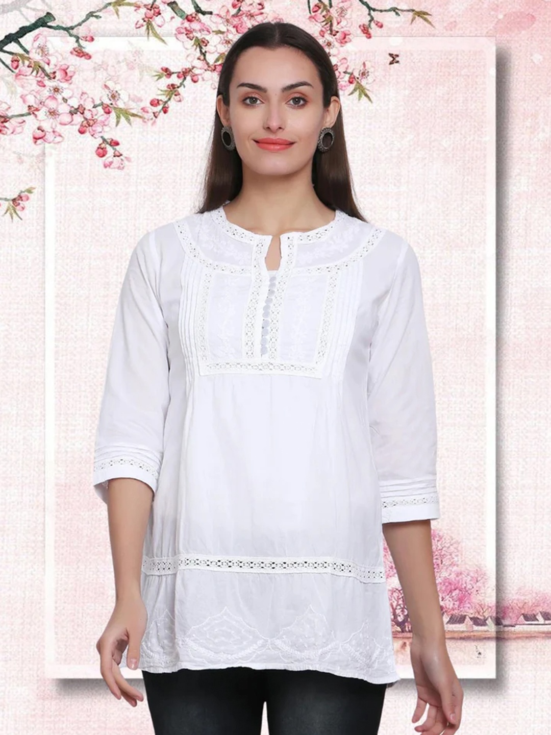 

PARAMOUNT CHIKAN Women White Embroidered Chikankari Cotton Tunic