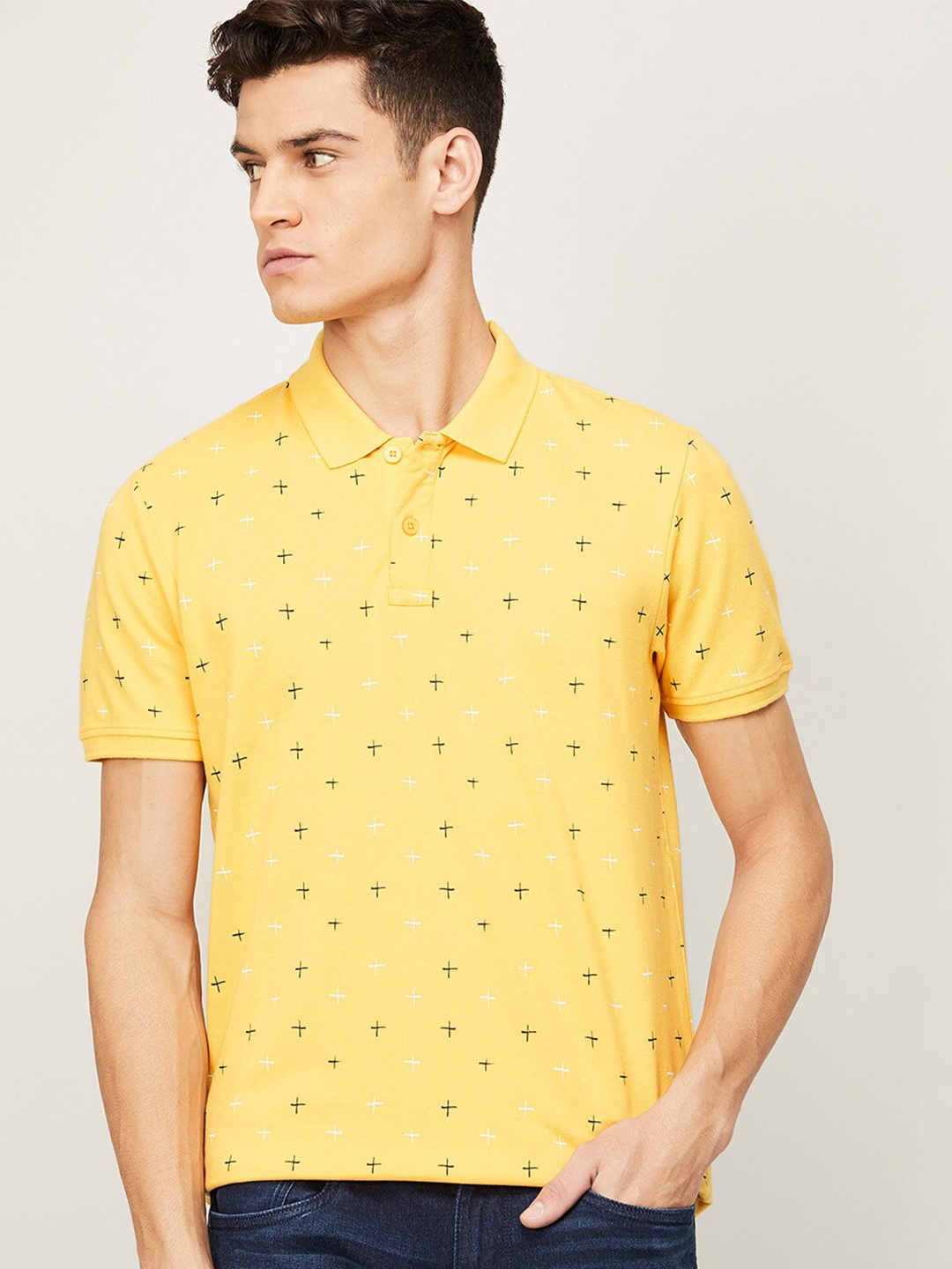 

CODE by Lifestyle Men Yellow Printed Polo Collar Cotton T-shirt