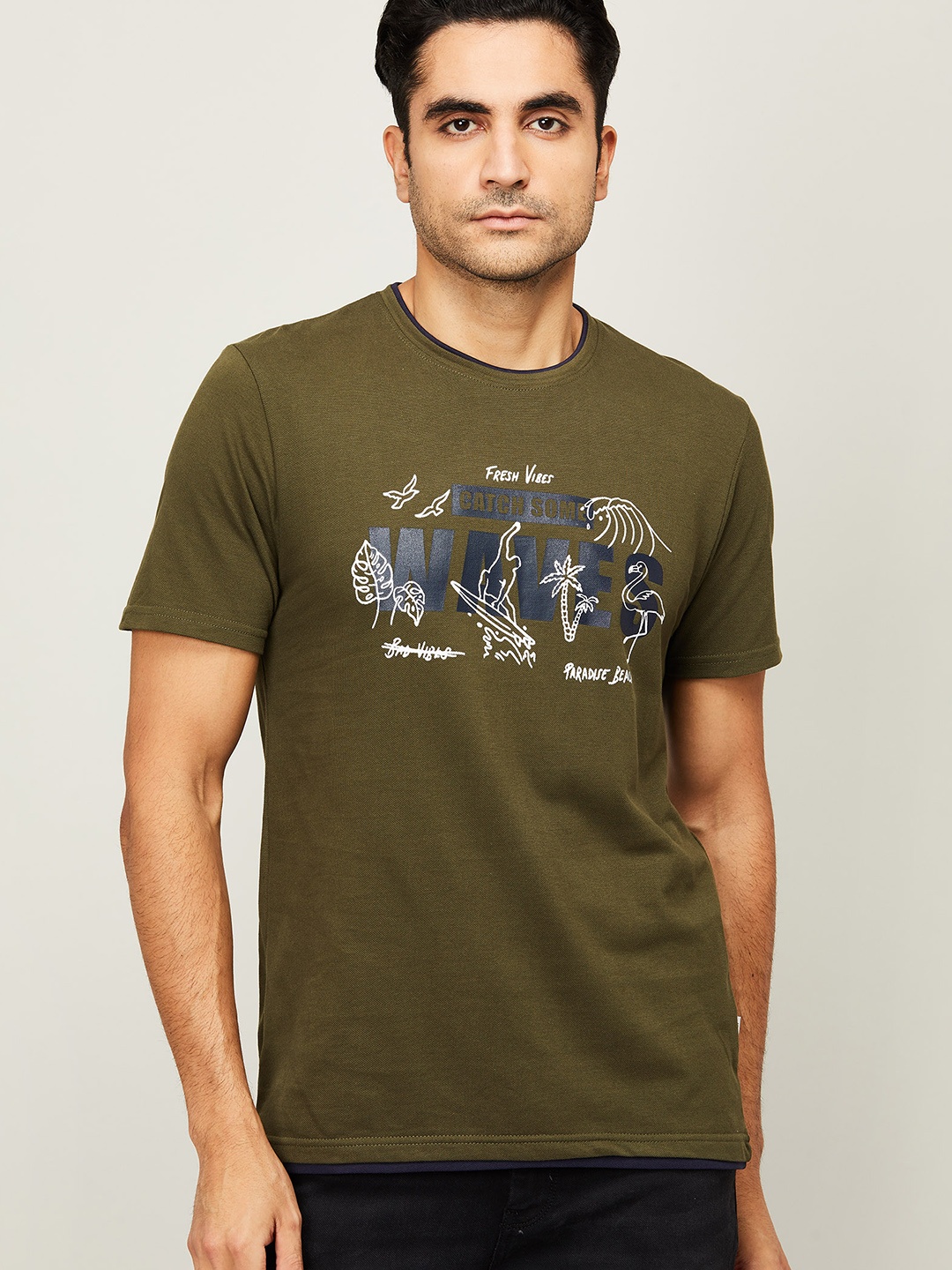 

Fame Forever by Lifestyle Men Olive Green Printed Cotton T-shirt