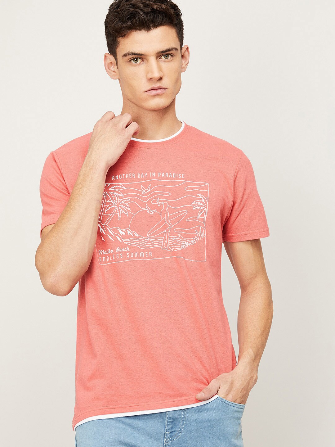 

Fame Forever by Lifestyle Men Coral Orange Graphic Printed Cotton T-shirt