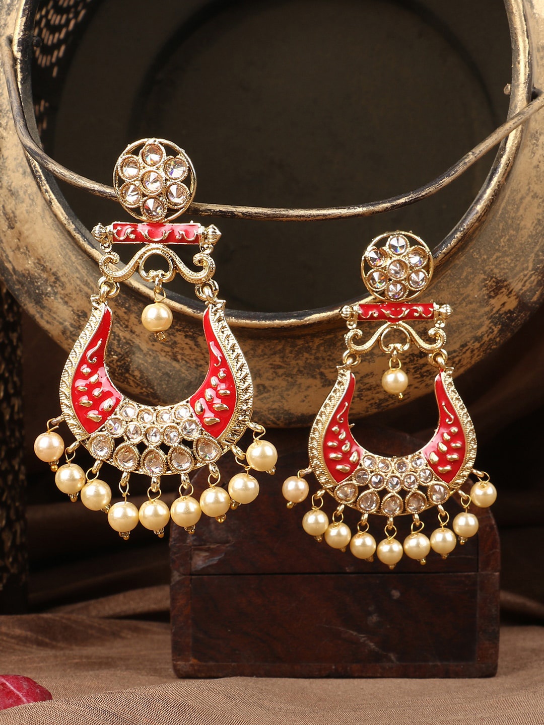 

ANIKAS CREATION Gold-Toned & Red Contemporary Chandbalis Earrings