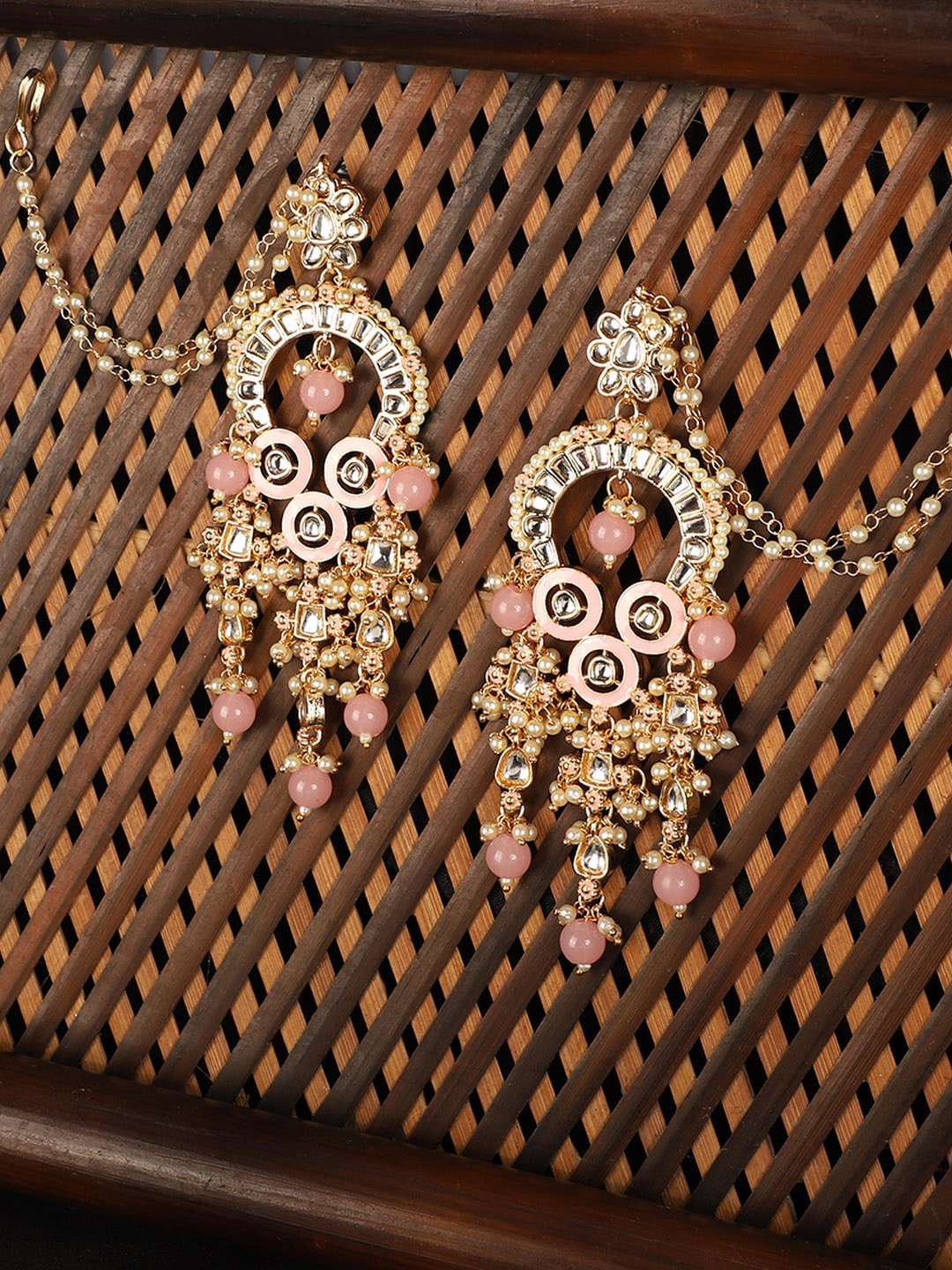 

ANIKAS CREATION Pink & Gold-Plated Kundan Contemporary Chandbalis With Ear Chain Earrings