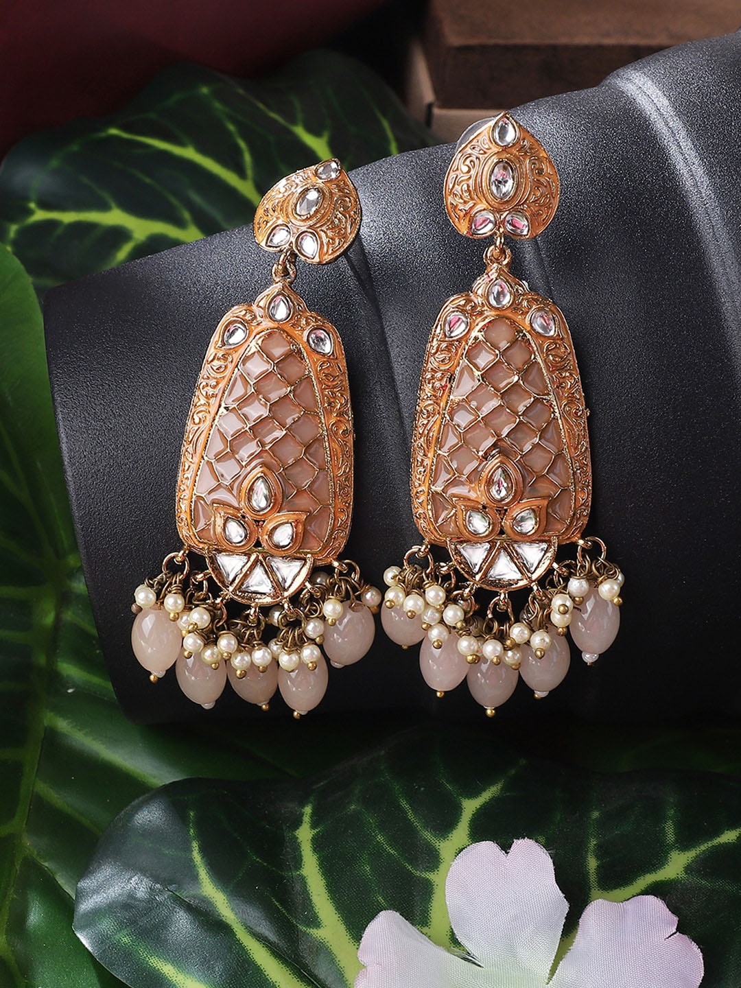 

ANIKAS CREATION Gold-Toned & Pink Contemporary Drop Earrings