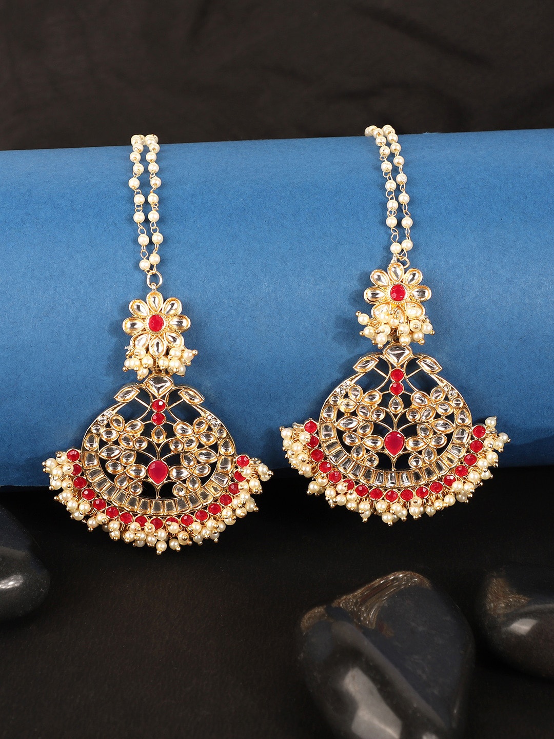 ANIKAS CREATION Red & Gold Plated Kundan Contemporary Chandbalis With Ear Chain Earrings
