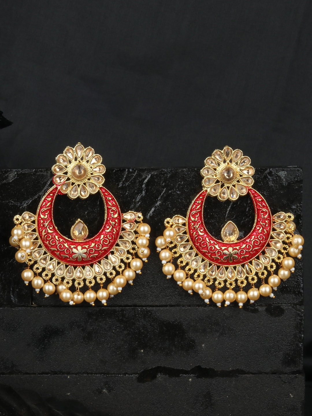 

ANIKAS CREATION Red Gold Plated Enamelled Contemporary Chandbalis Earrings