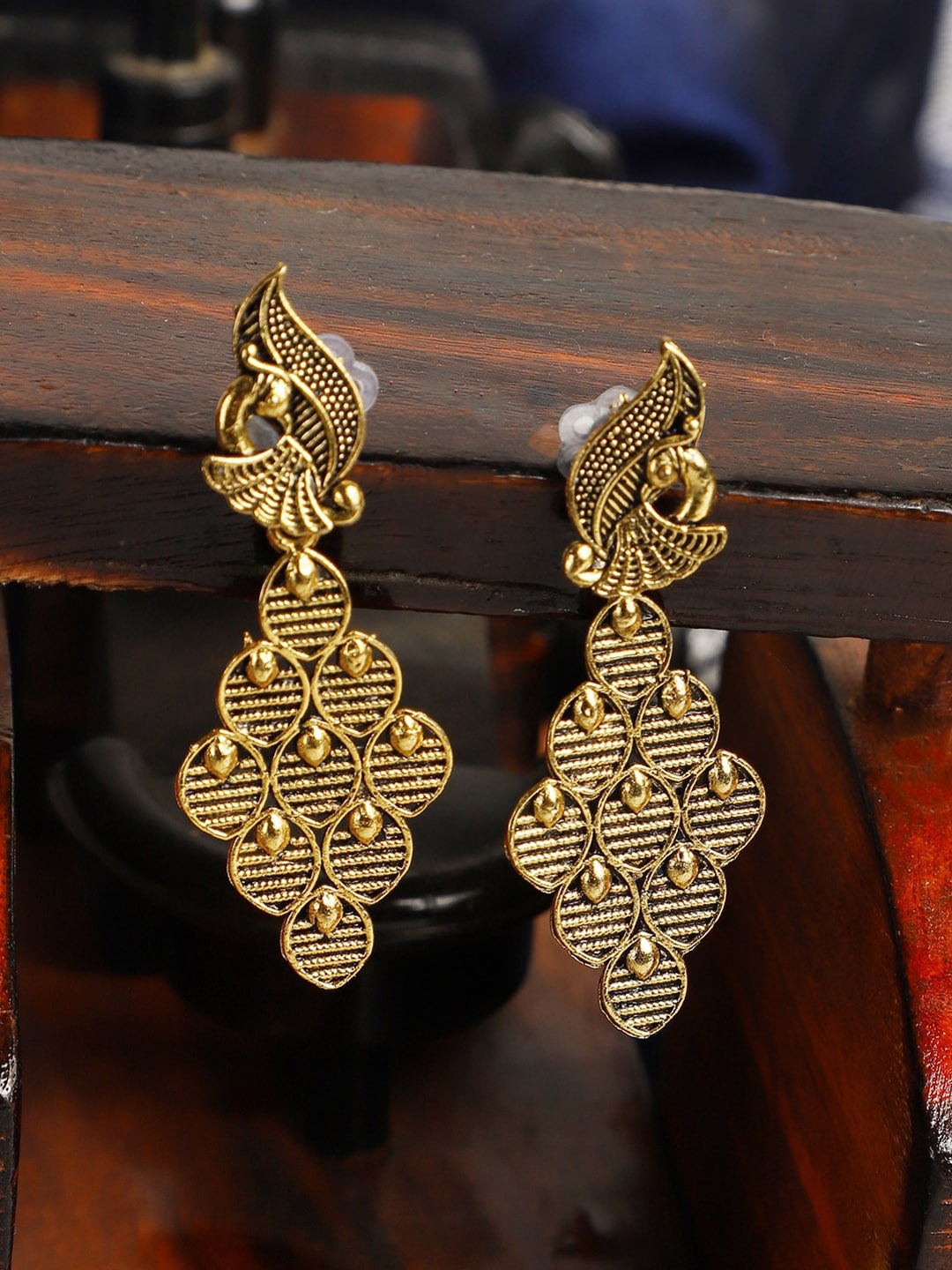 

ANIKAS CREATION Gold-Plated Peacock Shaped Drop Earrings