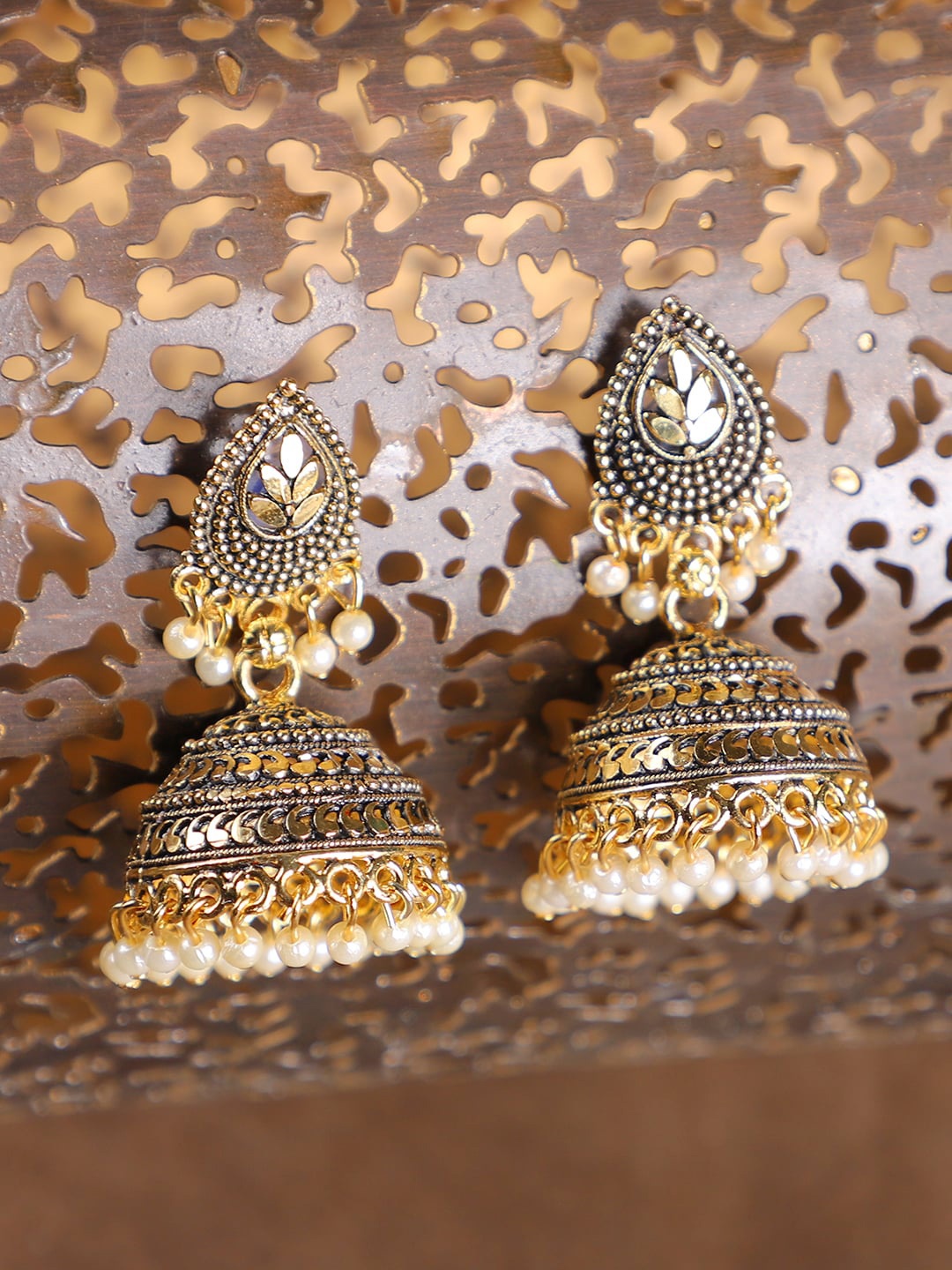 

ANIKAS CREATION Gold-Plated Contemporary Jhumka Earrings