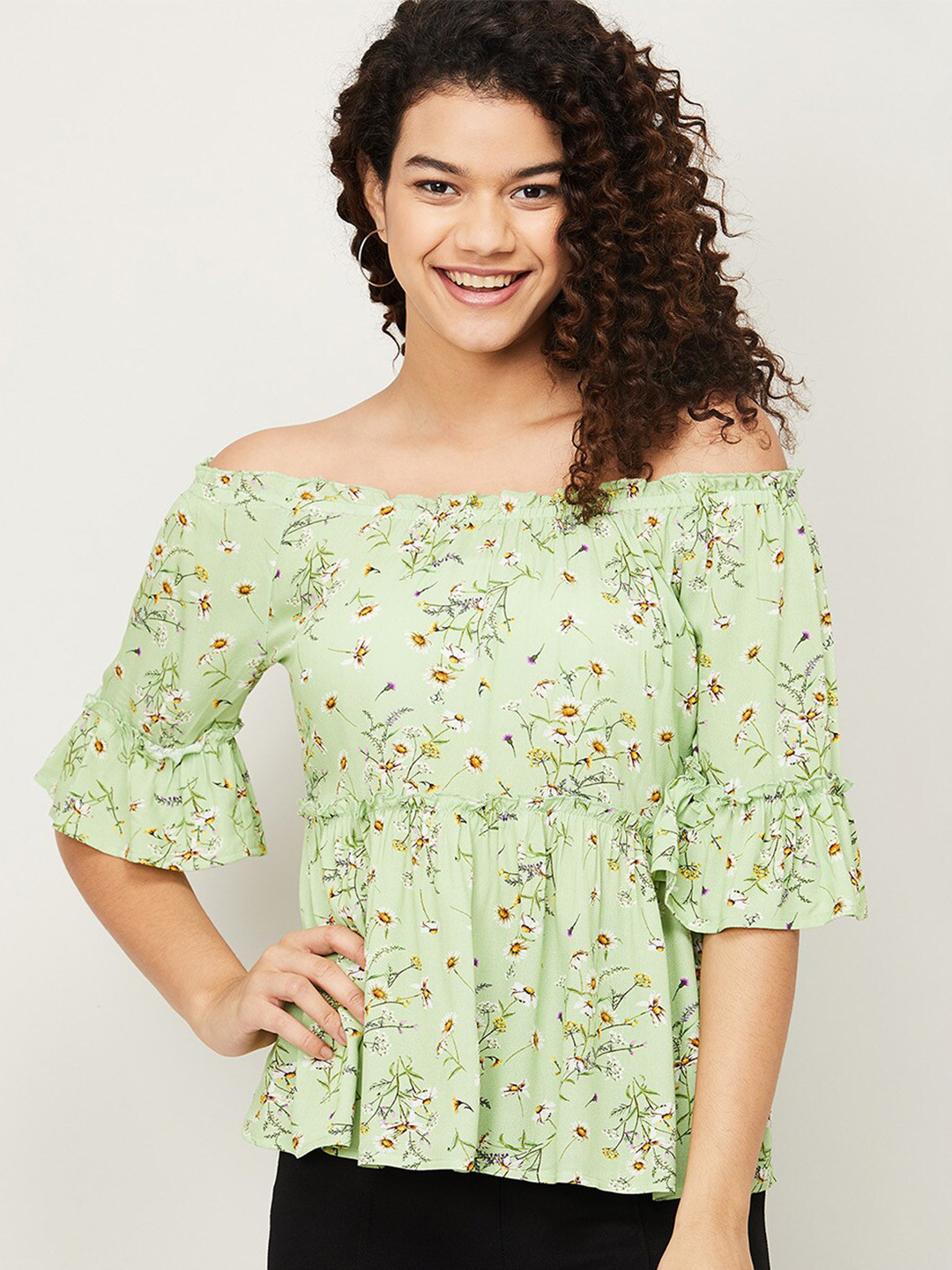 

CODE by Lifestyle Green & White Floral Print Off-Shoulder Bardot Top