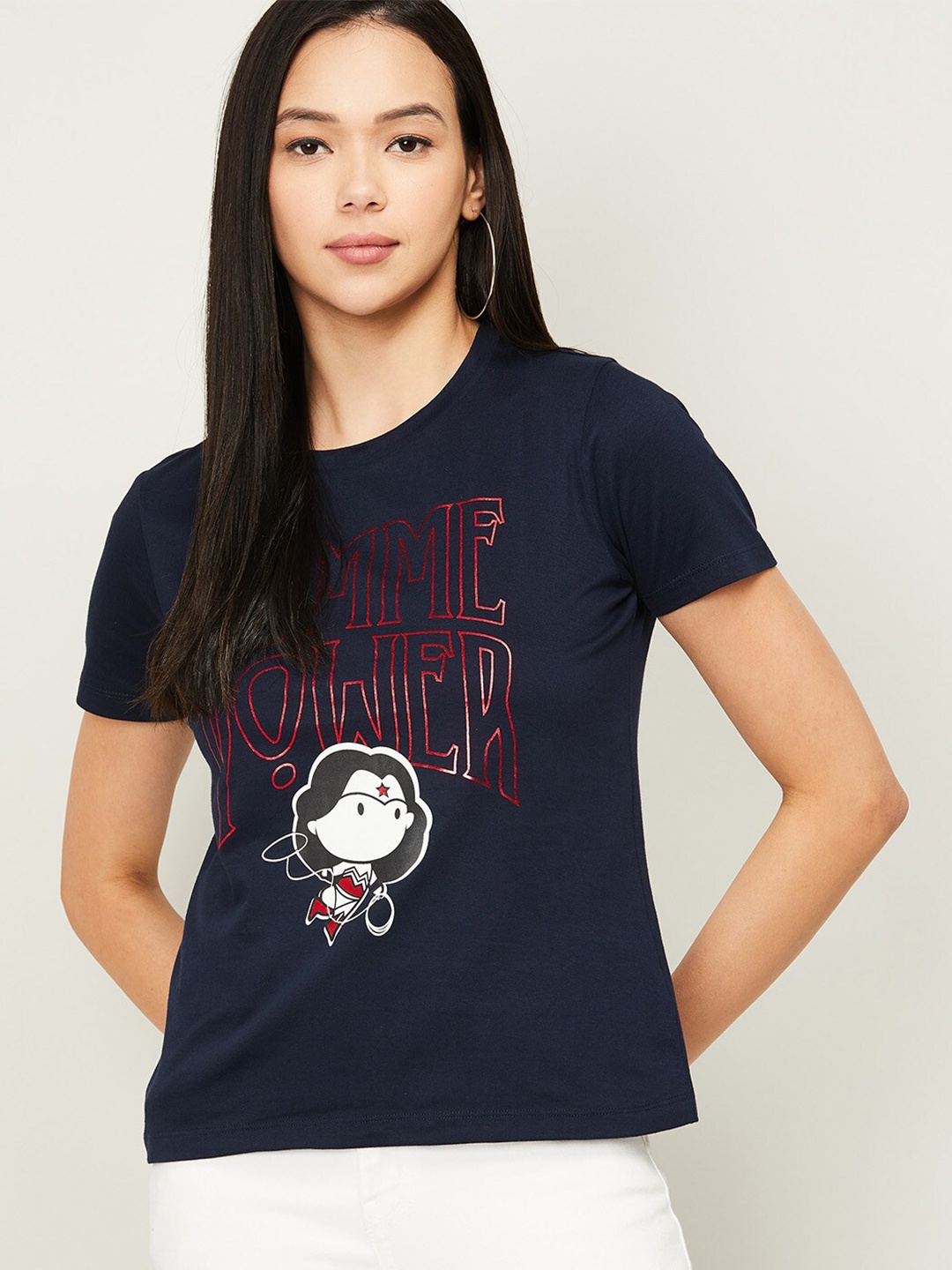 

Ginger by Lifestyle Women Navy Blue Graphic Printed Pure Cotton Top