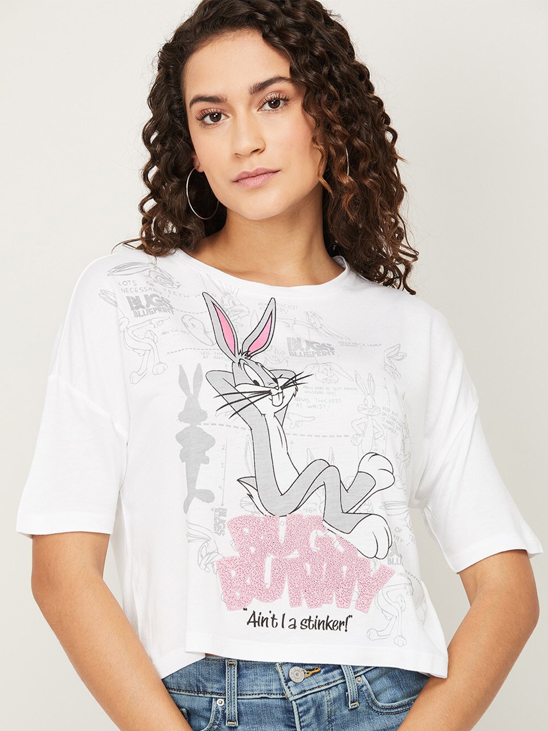 

Ginger by Lifestyle White Printed Extended Sleeves Boxy Top