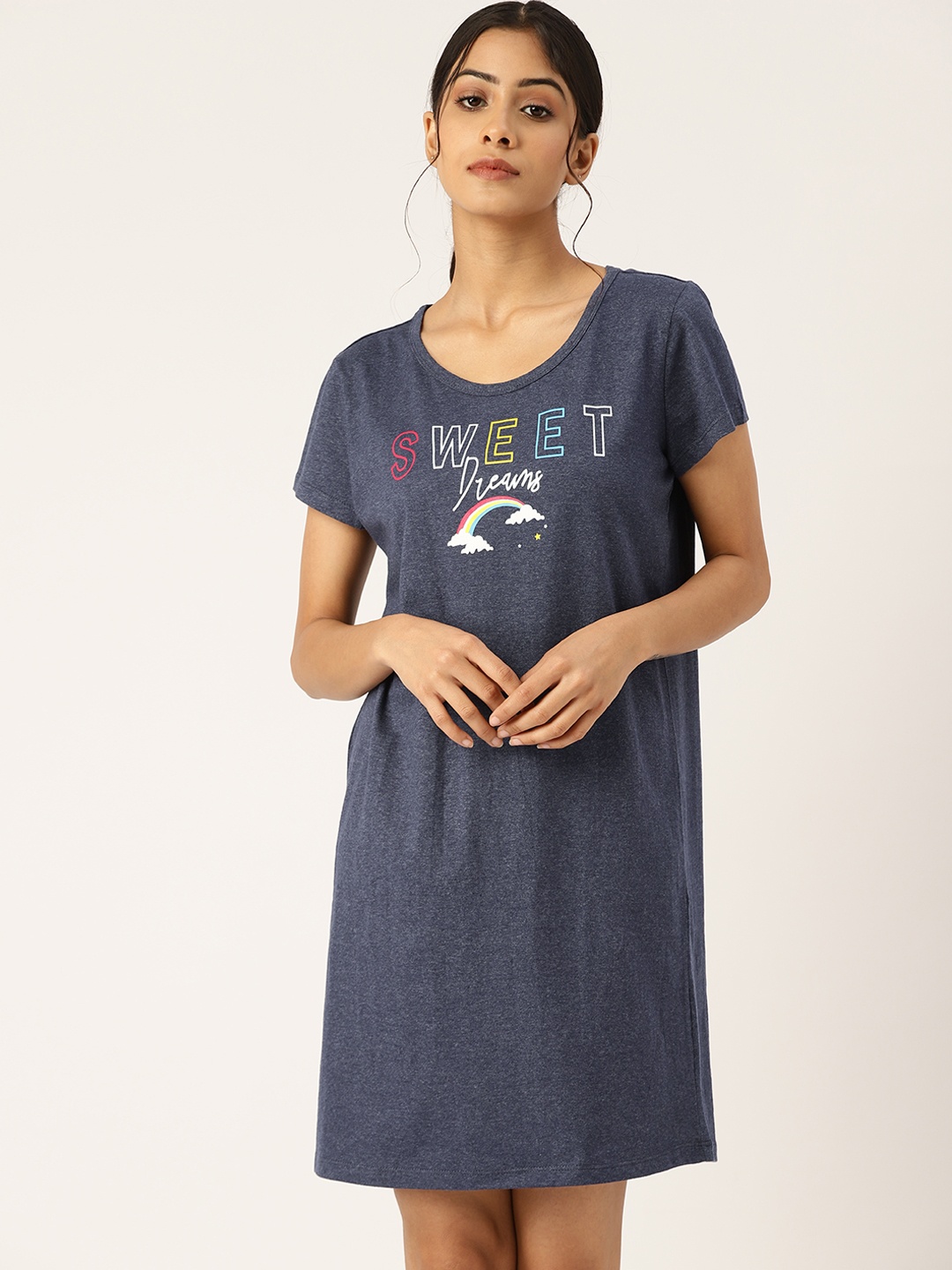 

ETC Charcoal Grey With Melange Effect Typography Printed T-shirt Nightdress