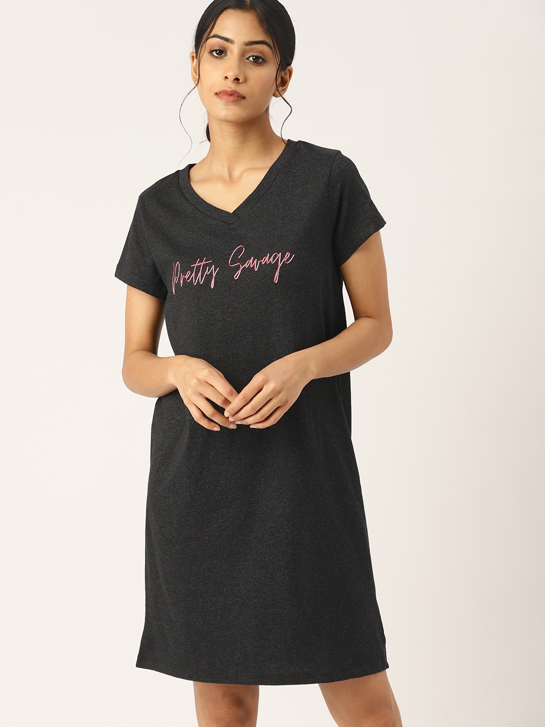 

ETC Women Charcoal Grey Printed Nightdress