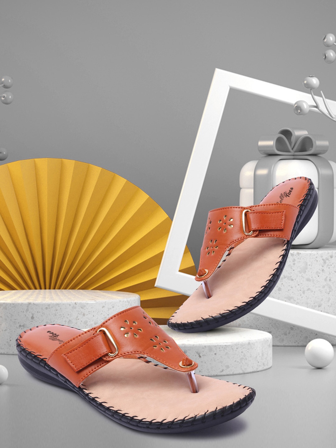 

Bella Toes Women Tan Printed Open Toe Flats With Laser Cuts