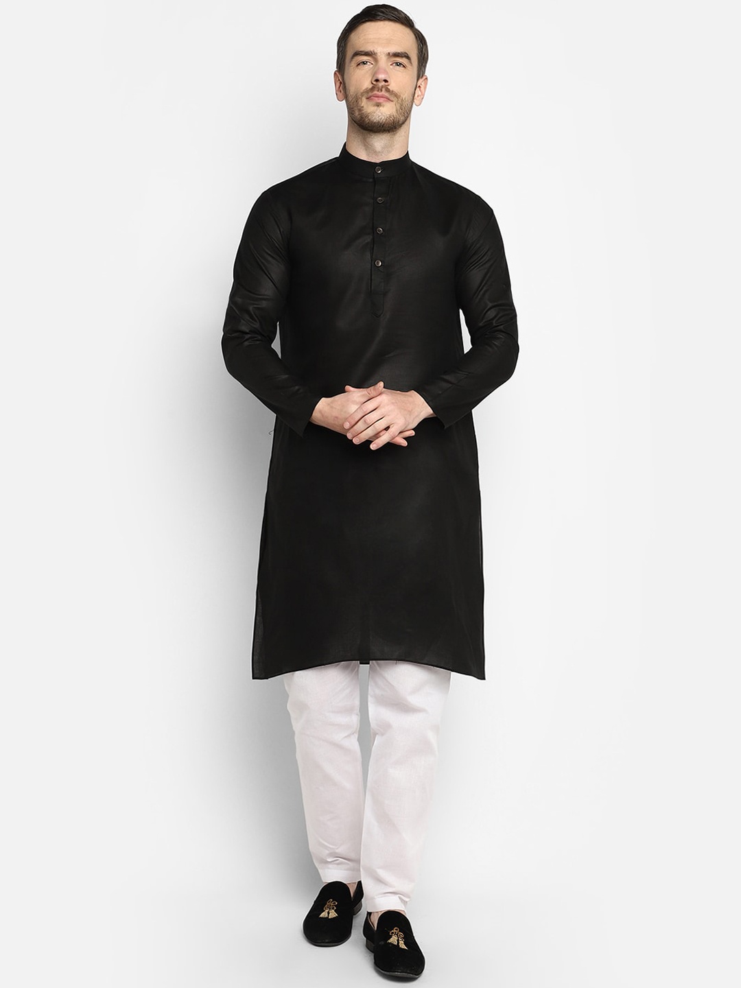 

DEVOILER Men Black Straight Cotton Kurta