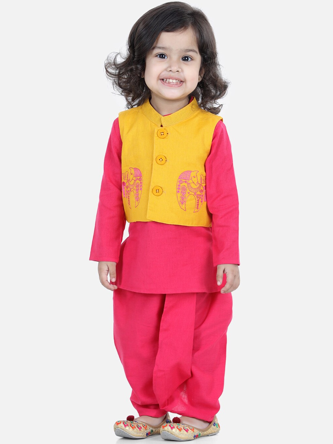 

BownBee Boys Yellow & Pink Pure Cotton Kurta Palazzo With Nehru jacket