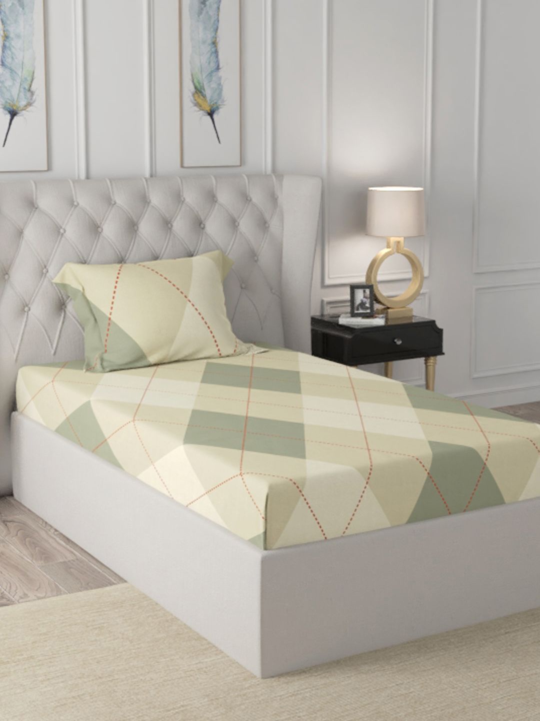 

BIANCA Sage Green & Beige Geometric 200 TC Single Bedsheet with 1 Pillow Covers