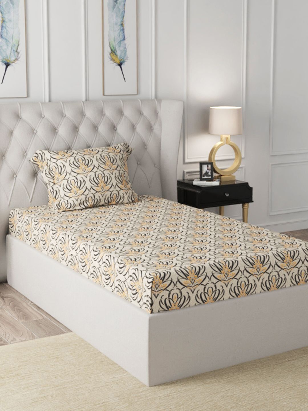 

BIANCA Beige & Grey Floral 200 TC Single Bedsheet with 1 Pillow Covers