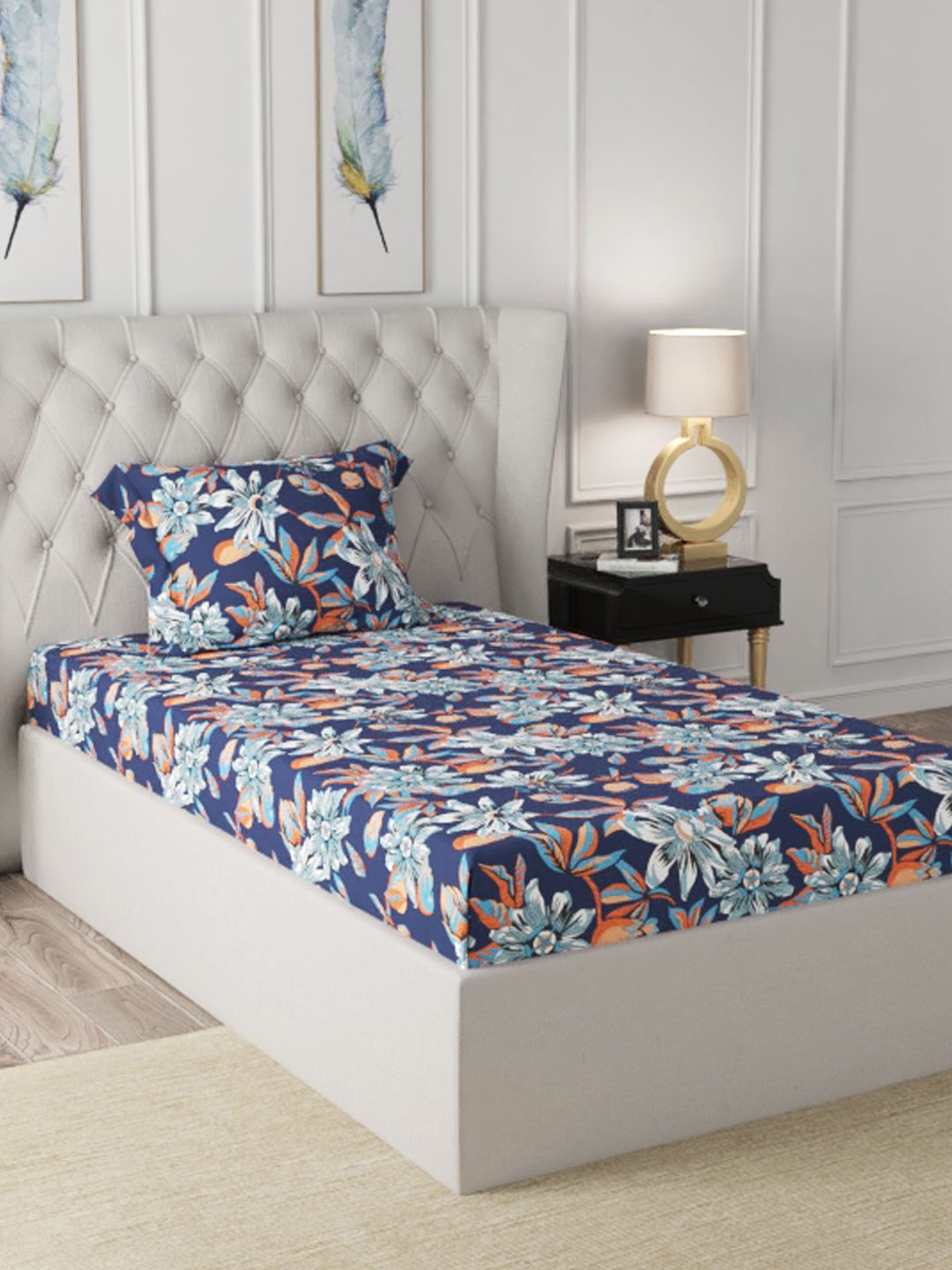 

BIANCA Navy Blue & White Floral 200 TC Single Bedsheet with 1 Pillow Covers