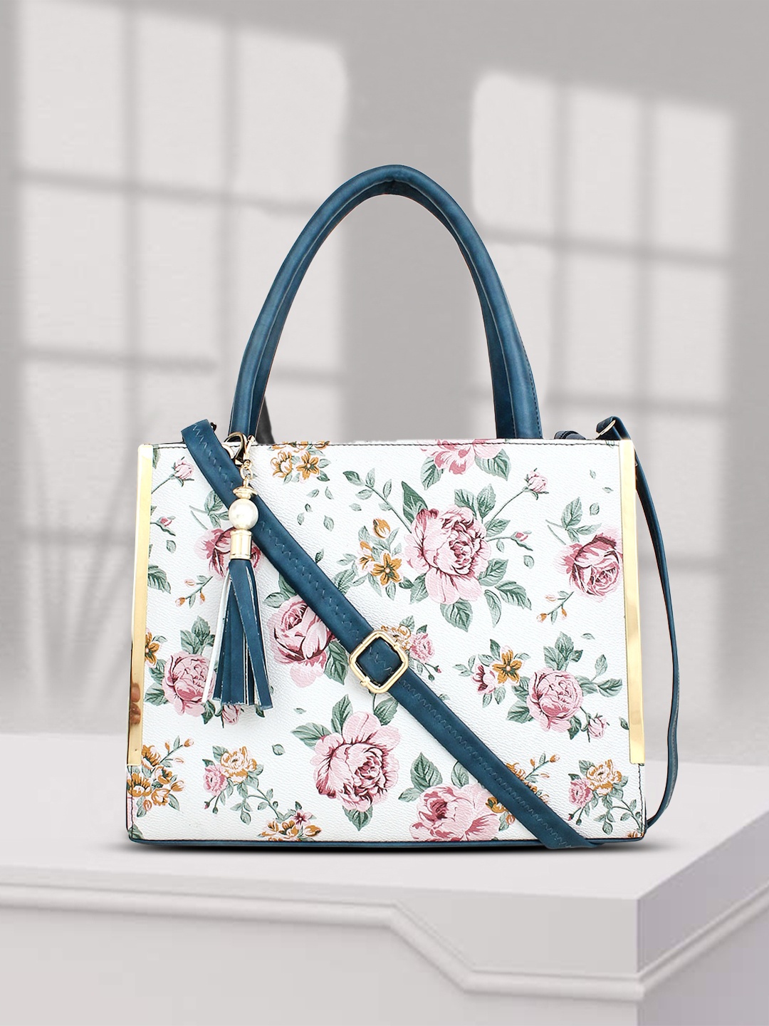 

LEGAL BRIBE Blue Floral Printed PU Structured Handheld Bag with Tasselled