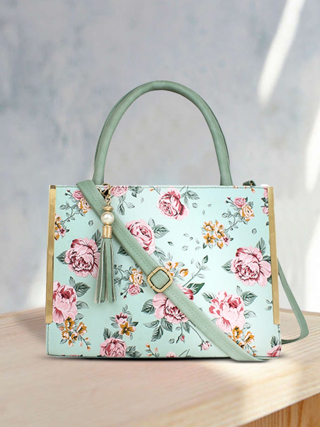 

LEGAL BRIBE Women Green Floral Printed Structured Handheld Bag with Tasselled