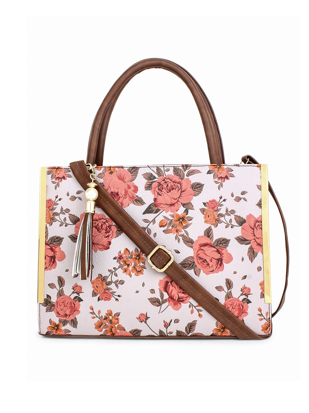 

LEGAL BRIBE Brown Floral Printed PU Oversized Shopper Tote Bag with Tasselled