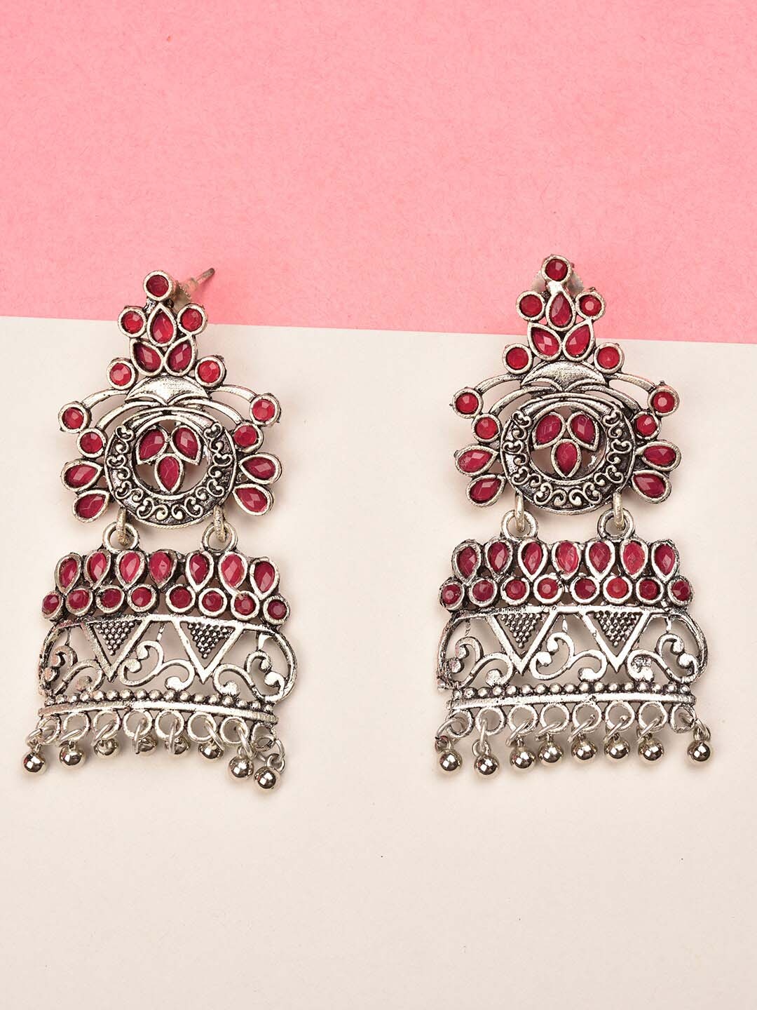 

Indi INSIDE Silver-Toned & Pink Feather Shaped Jhumkas Earrings