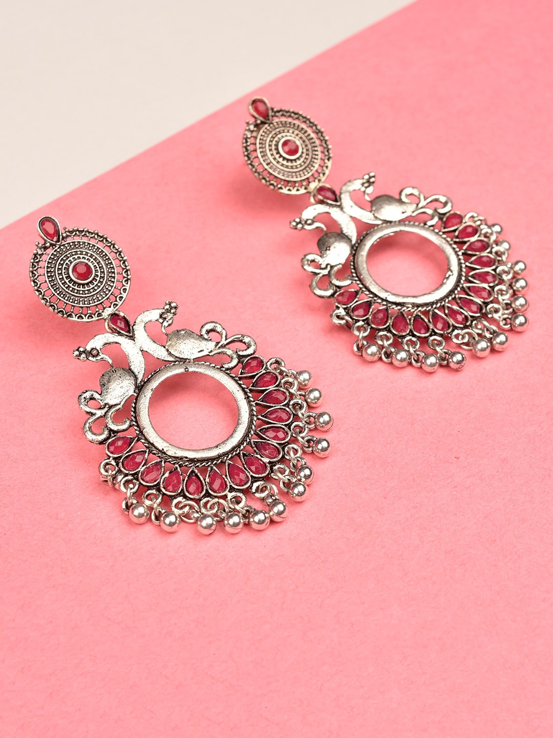 

Indi INSIDE Pink Circular Silver Plated Oxidised Drop Earrings