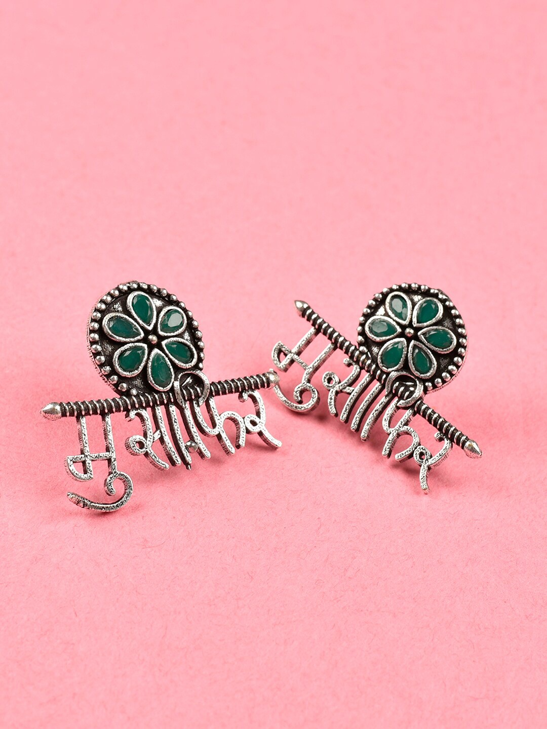 

Indi INSIDE Silver Plated Oxidised & Green Floral Musafir Stud Earrings