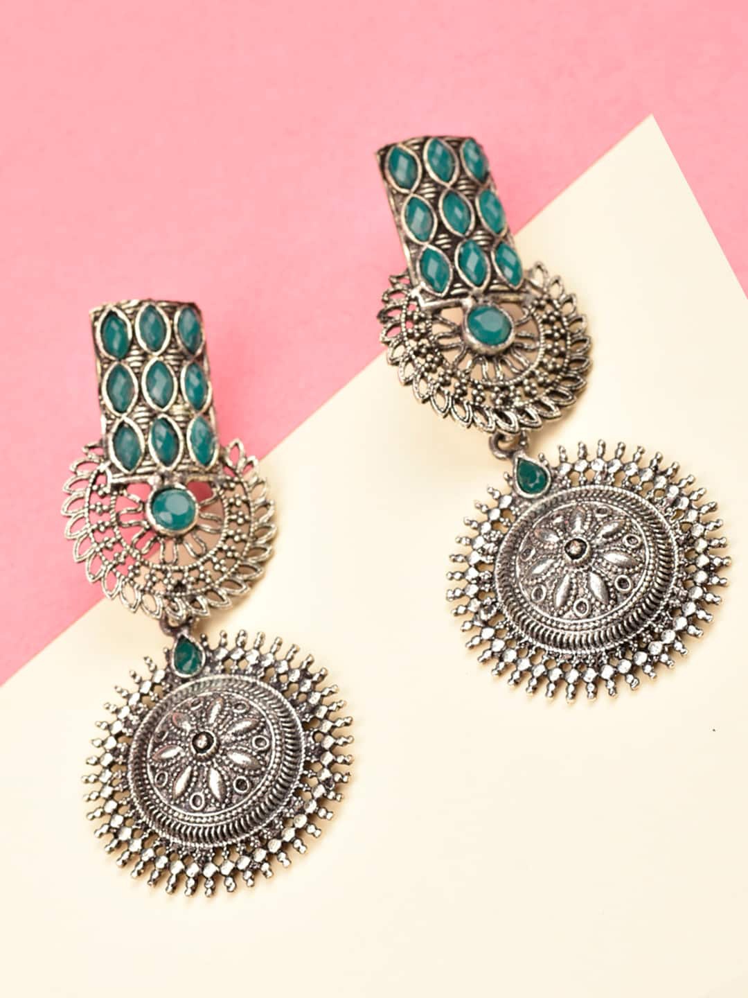 

Indi INSIDE Green Classic Silver Plated Oxidised Drop Earrings