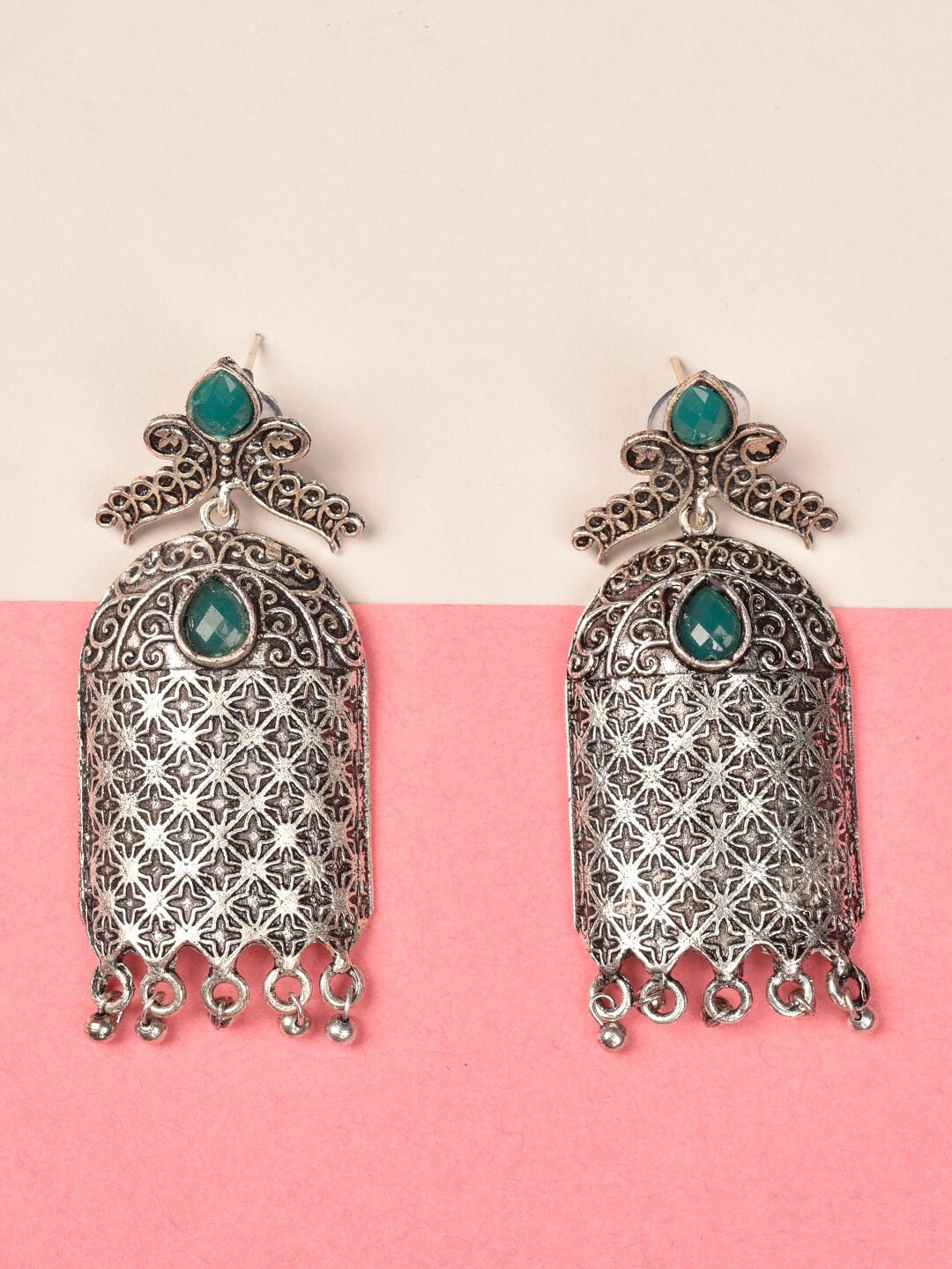 

Indi INSIDE Silver Plated & Green Oxidised Contemporary Drop Earrings