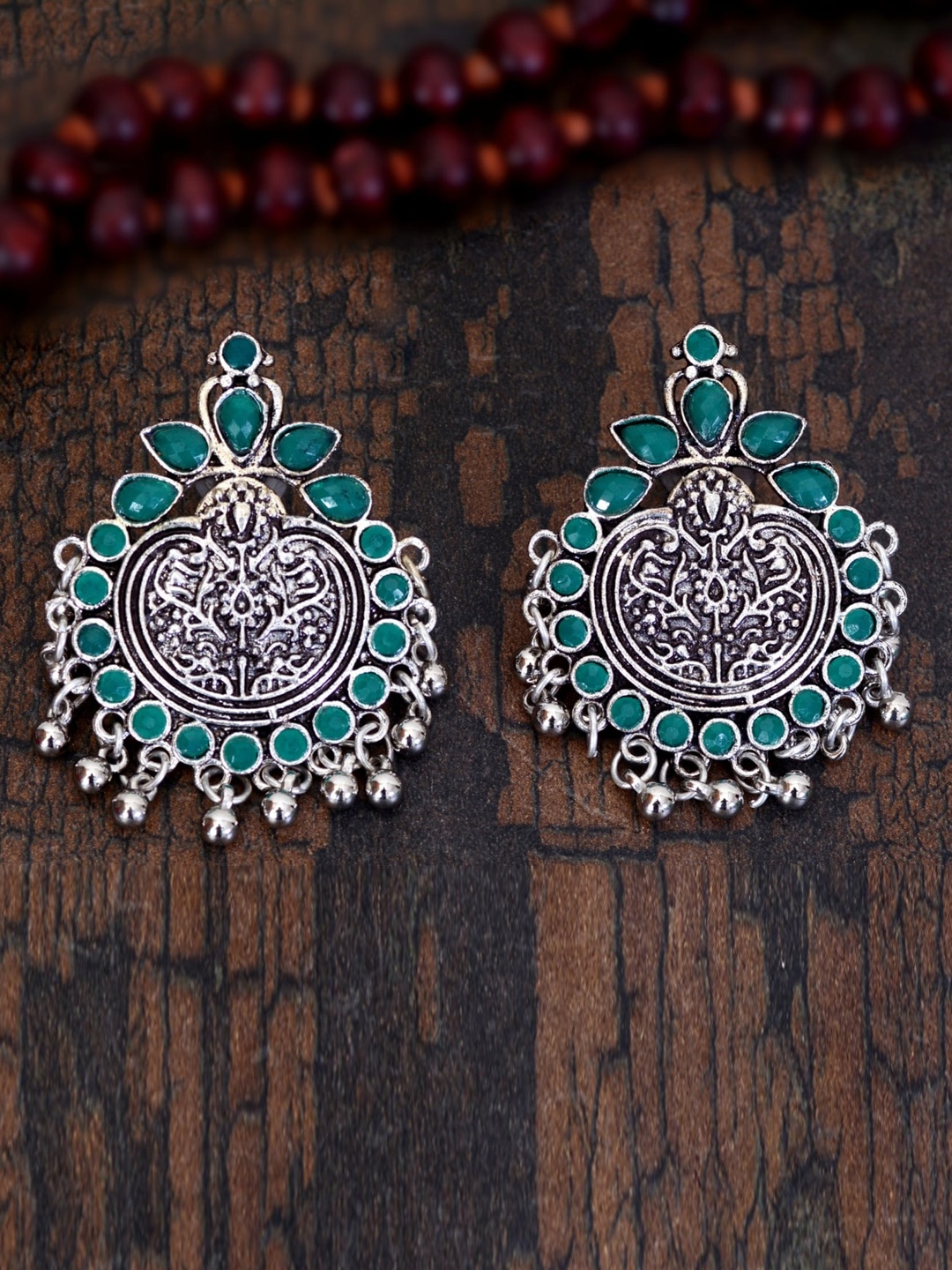 

Indi INSIDE Silver-Toned & Green Circular Drop Earrings