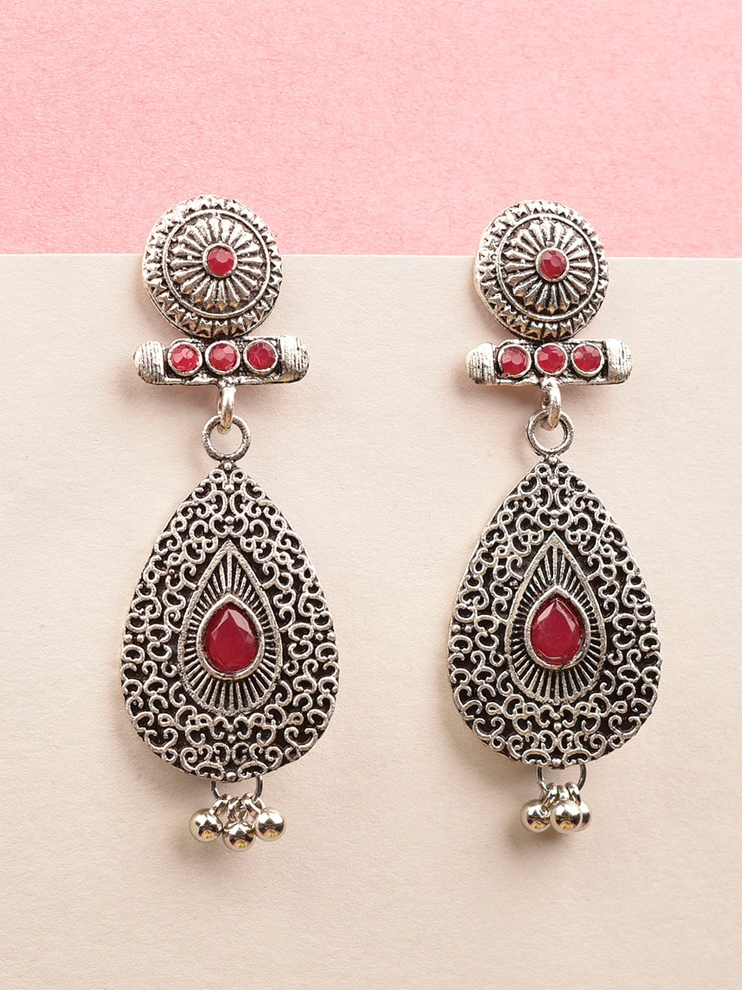 Indi INSIDE Pink Teardrop Shaped Silver Plated Oxidised Drop Earrings