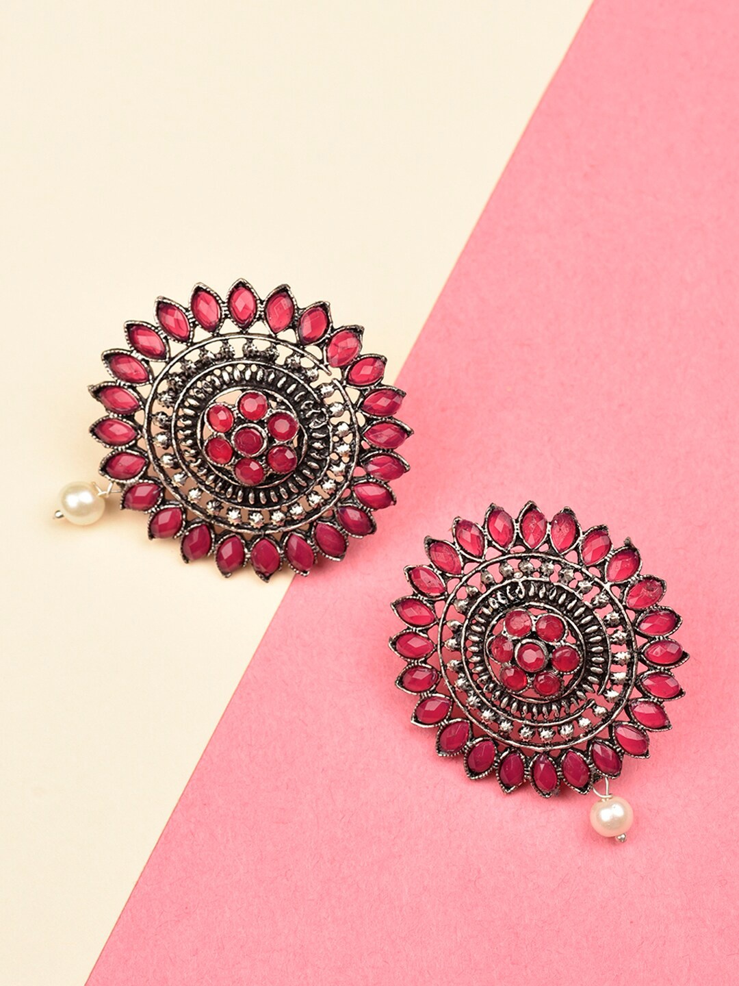 

Indi INSIDE Silver-Toned & Pink Circular Drop Earrings