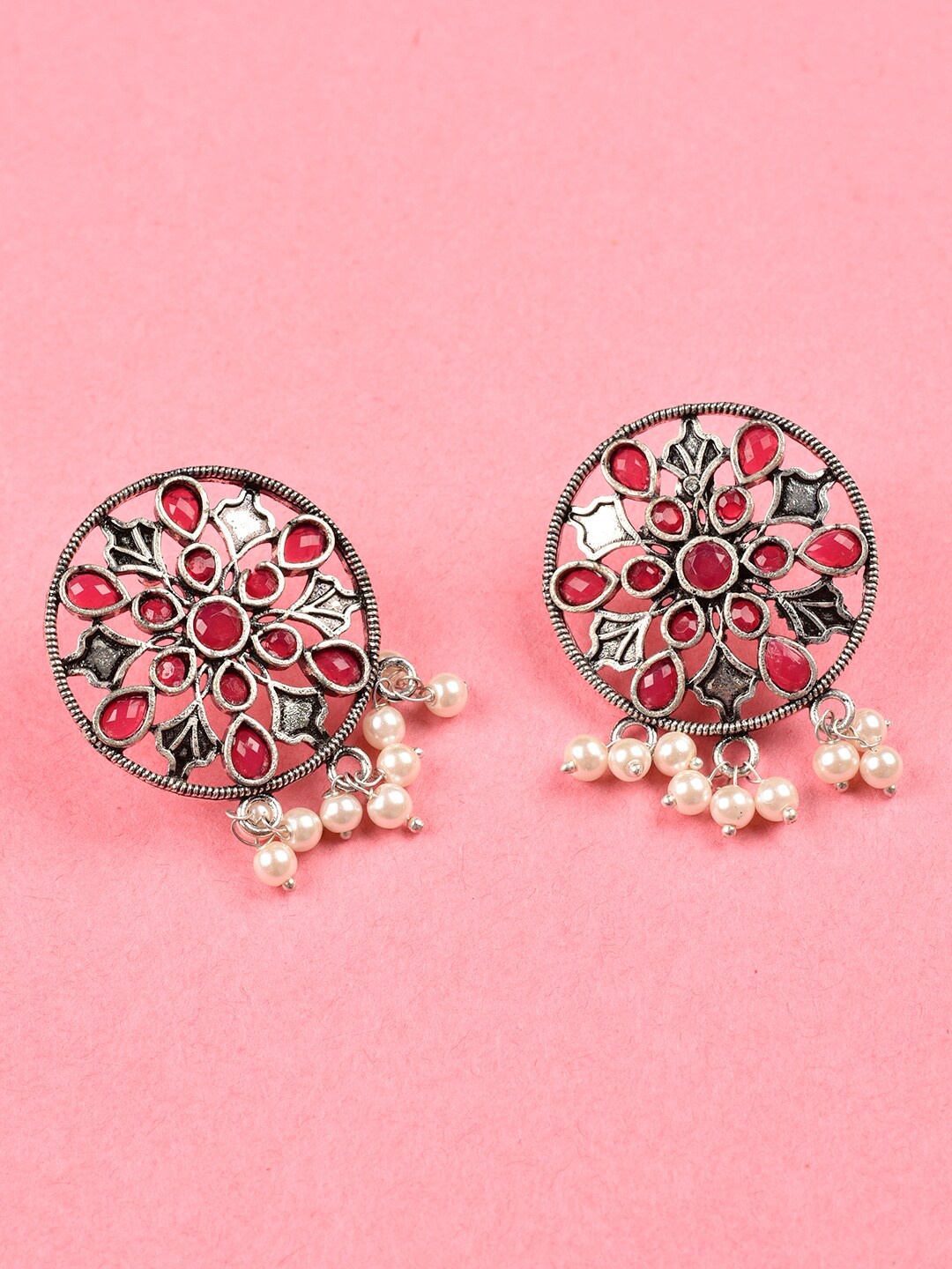 

Indi INSIDE Pink & Silver Plated Oxidised Circular Drop Earrings