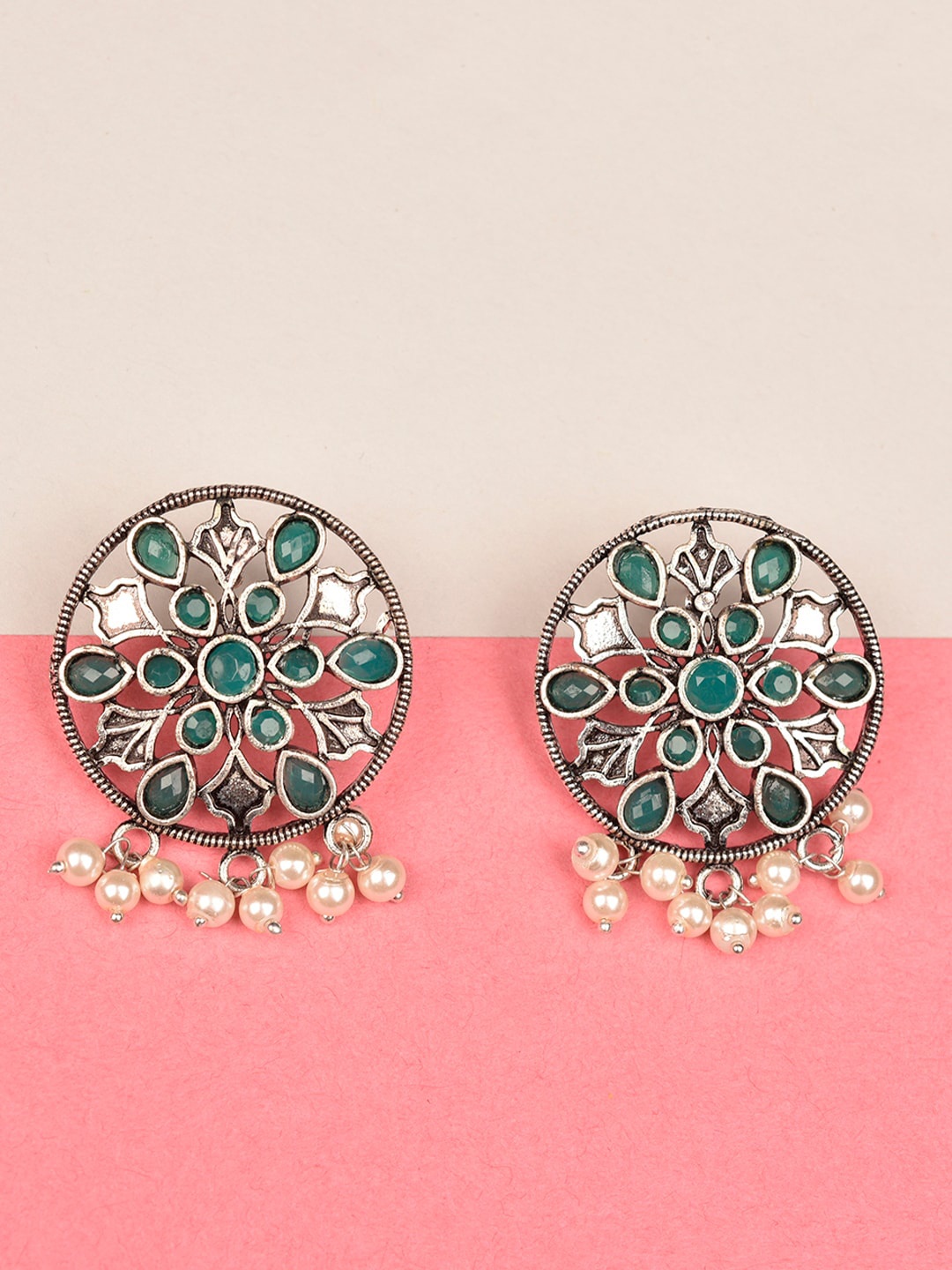 

Indi INSIDE Silver-Toned & Green Circular Studs Earrings