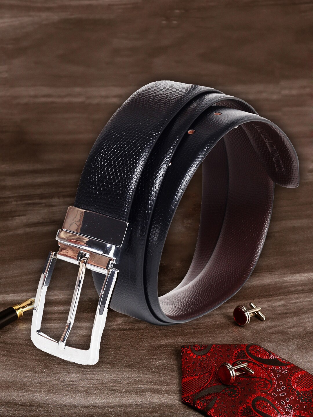 

MUTAQINOTI Men Black Textured Leather Formal Belt