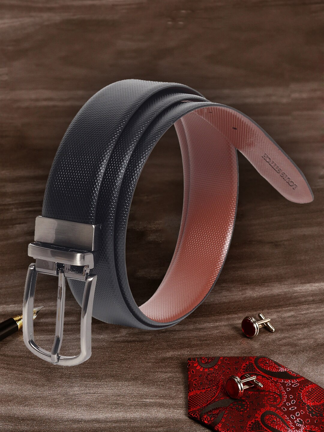 

MUTAQINOTI Men Black Leather Reversible Formal Belt