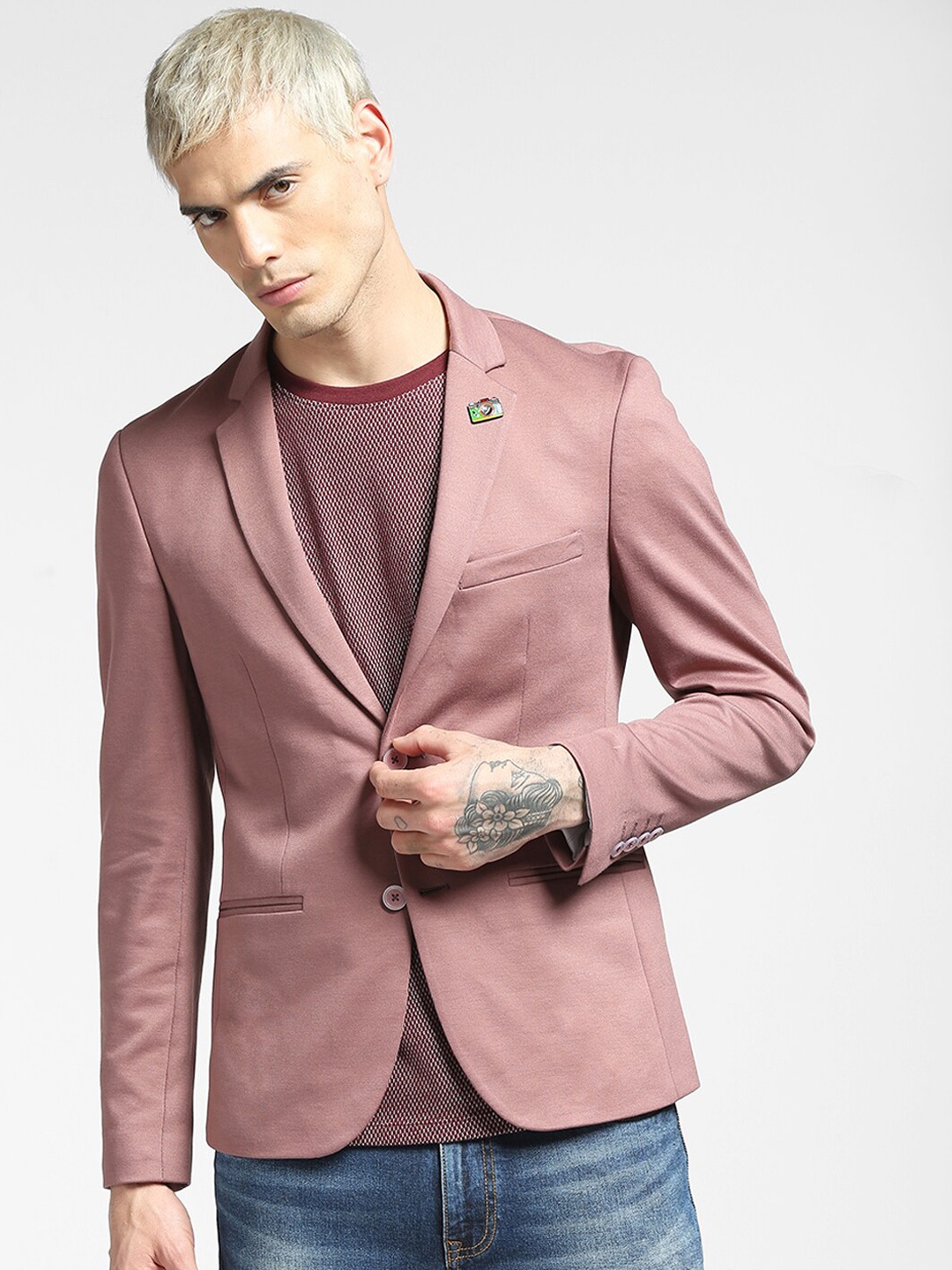 

Jack & Jones Men Pink Solid Single-Breasted Casual Blazer