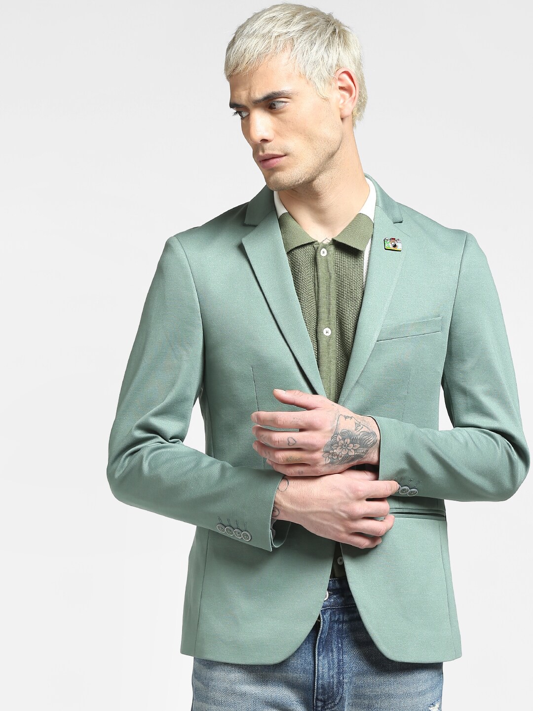 

Jack & Jones Men Sage Green Solid Single-Breasted Casual Blazer