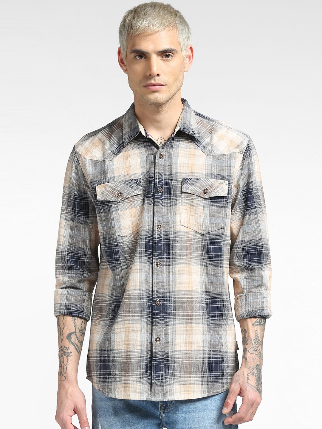 

Jack & Jones Men Beige Tartan Checked Cotton Casual Shirt