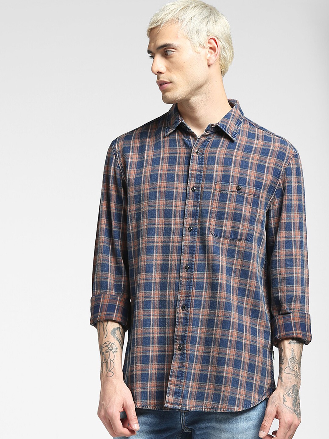 

Jack & Jones Men Navy Blue & Brown Tartan Checked Casual Cotton Shirt