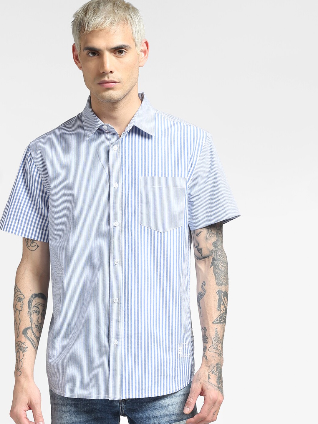 

Jack & Jones Men Blue Multi Stripes Striped Half Sleeves Cotton Casual Shirt