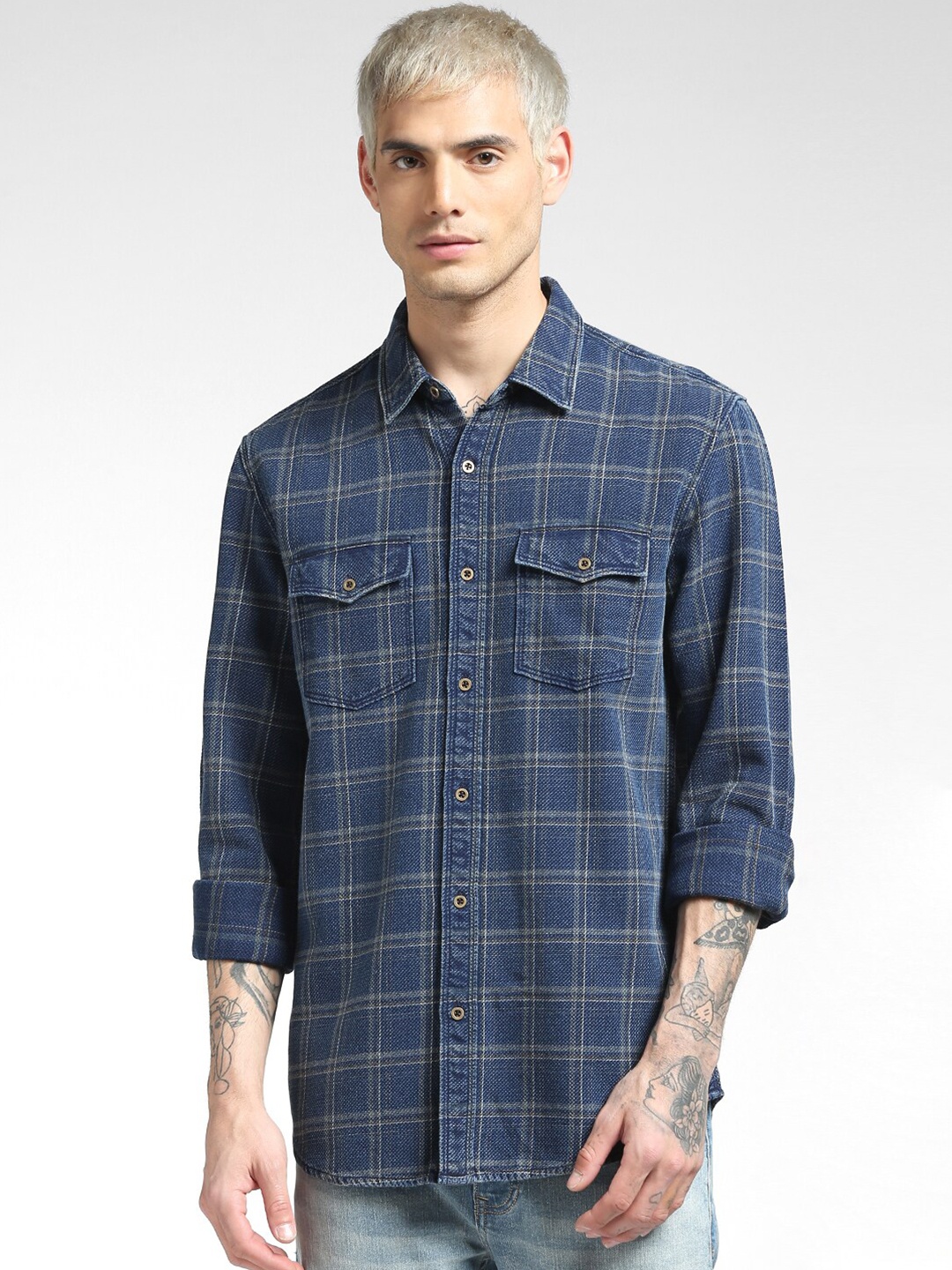 

Jack & Jones Men Blue Tartan Checked Cotton Casual Shirt