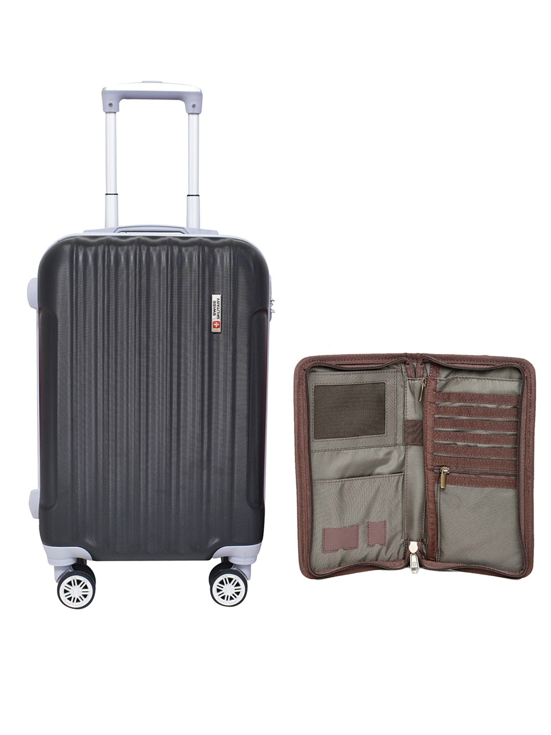 

SWISS MILITARY Black & Brown Solid Soft-Sided Cabin Trolley With with Travel Wallet